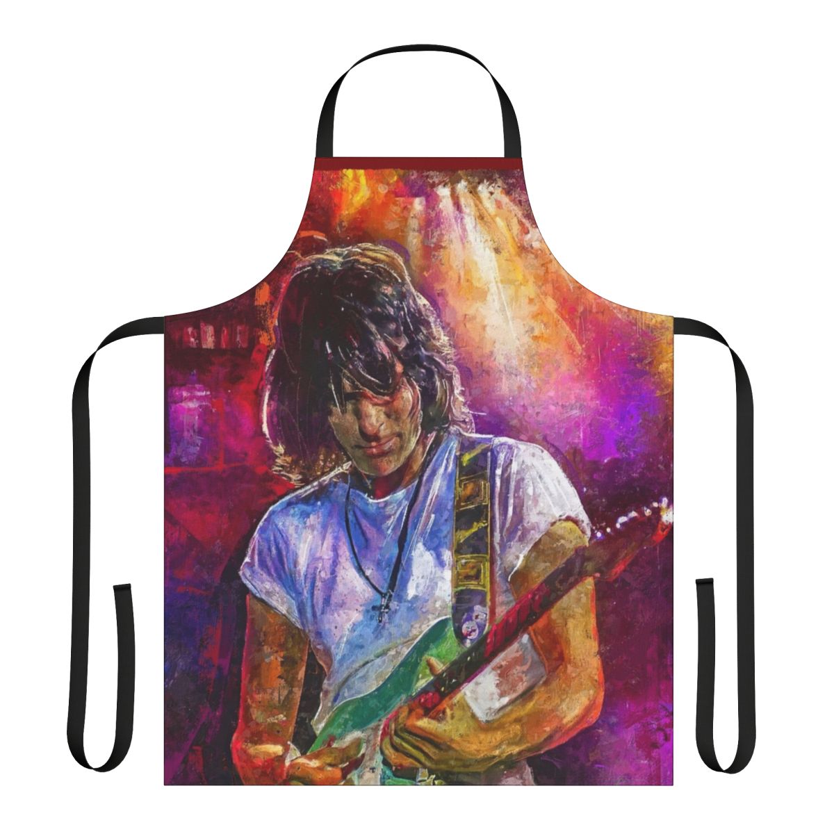 An artistic apron featuring the iconic guitar silhouette and the name "Jeff Beck"