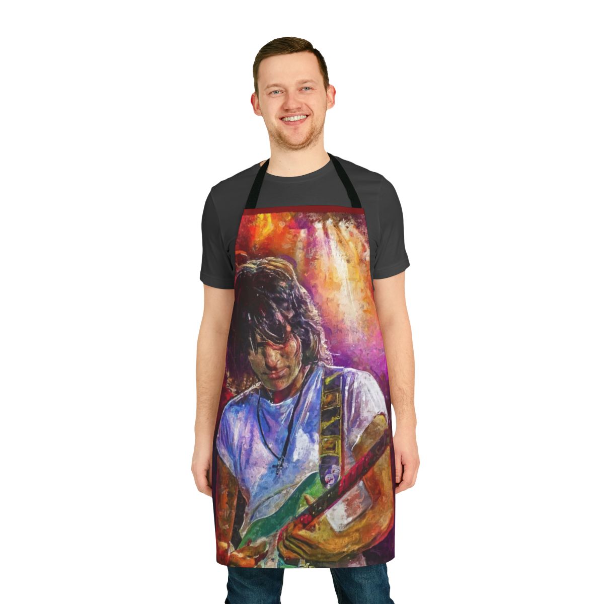 An artistic apron featuring the iconic guitar silhouette and the name "Jeff Beck"