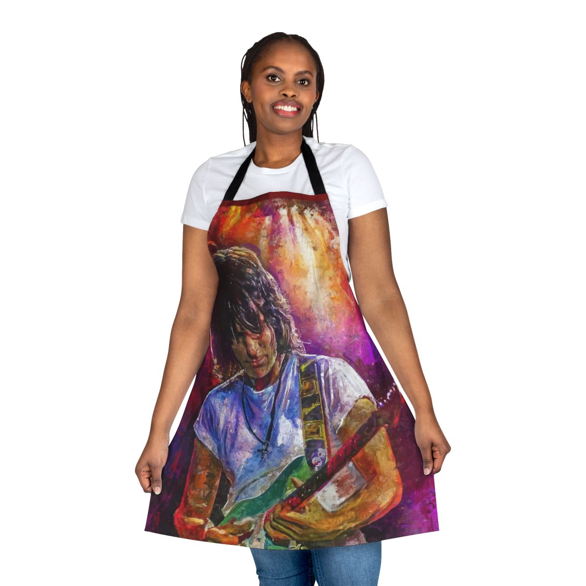 An artistic apron featuring the iconic guitar silhouette and the name "Jeff Beck"
