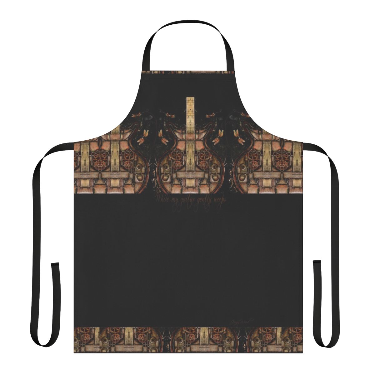 Artistic apron featuring a guitar design with steampunk-inspired elements like cogs, gears, and a dragonfly