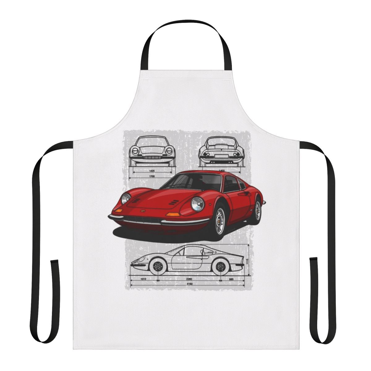 Artistic hand-drawn illustration of a classic Ferrari Dino sports car on a high-quality apron
