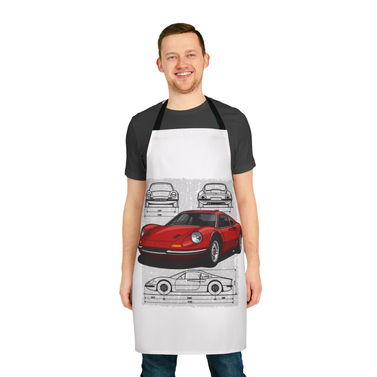 Artistic hand-drawn illustration of a classic Ferrari Dino sports car on a high-quality apron