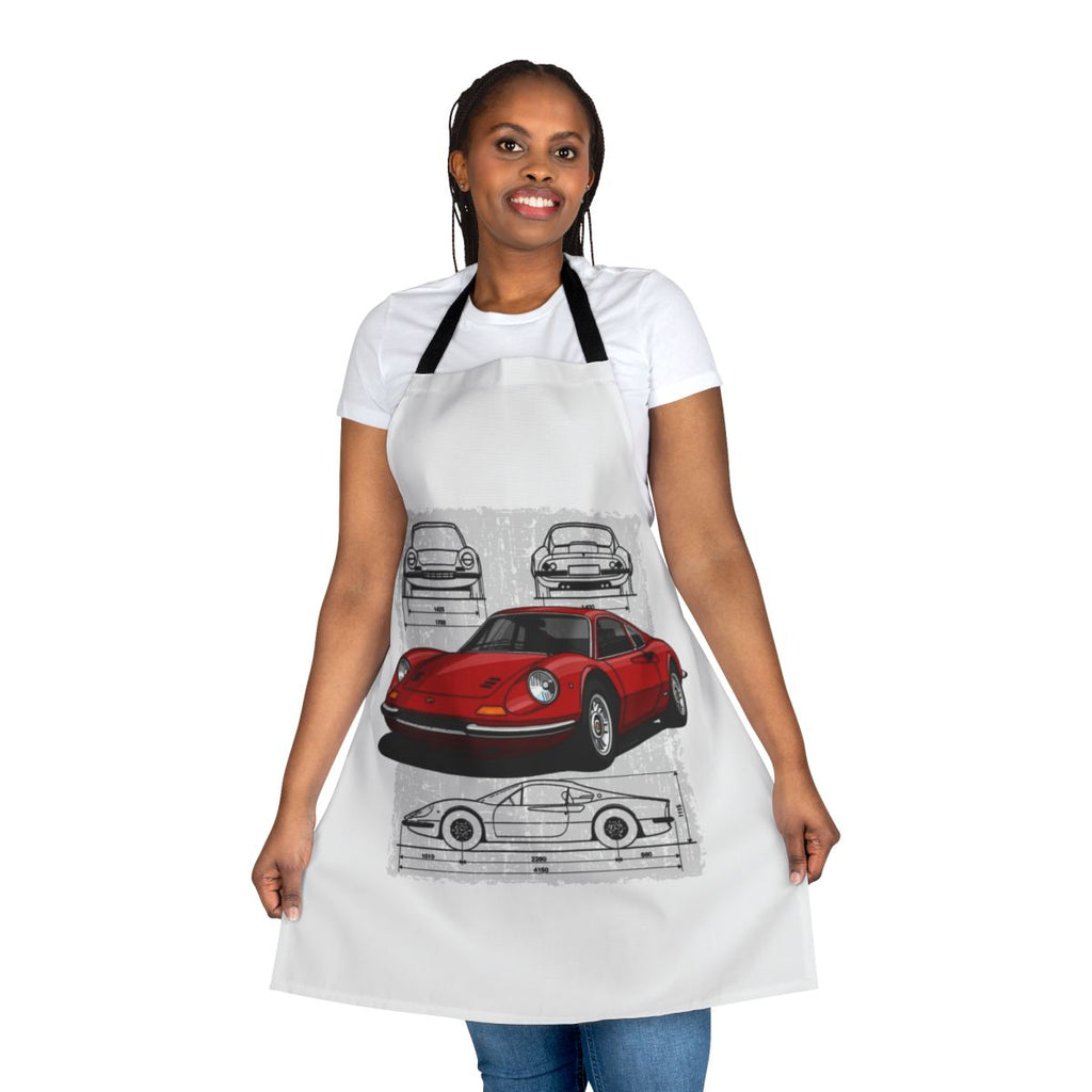 Artistic hand-drawn illustration of a classic Ferrari Dino sports car on a high-quality apron