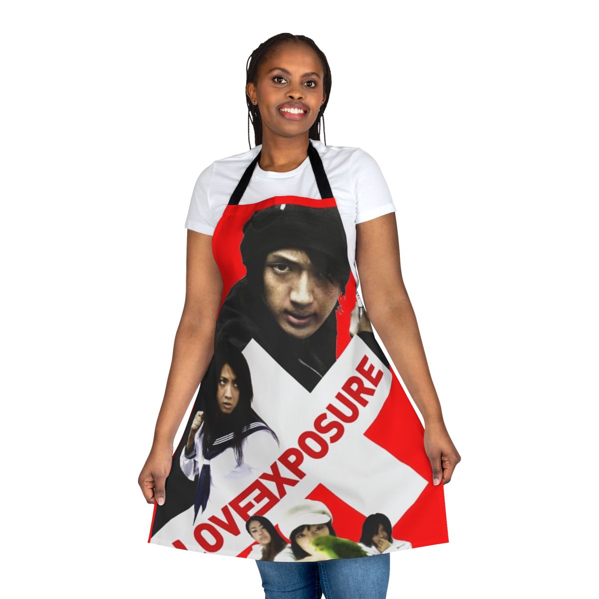 Artistic apron design featuring elements from the acclaimed Japanese film "Love Exposure"
