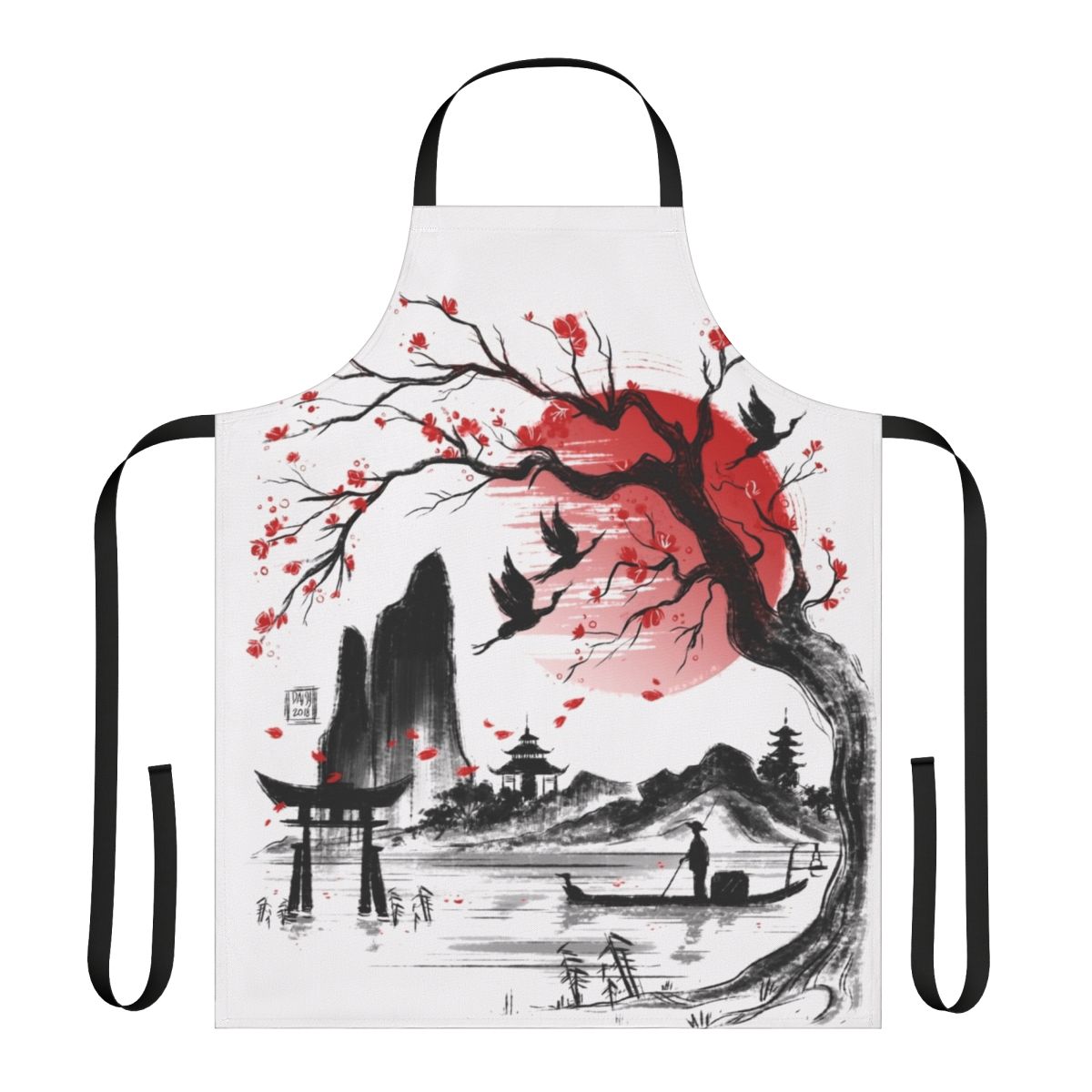 Japanese-inspired apron with a sketch-style landscape design featuring a sakura tree and rising sun