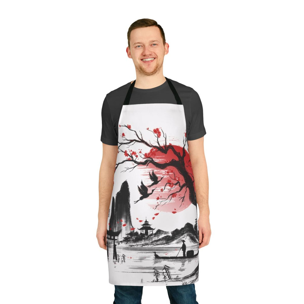 Japanese-inspired apron with a sketch-style landscape design featuring a sakura tree and rising sun