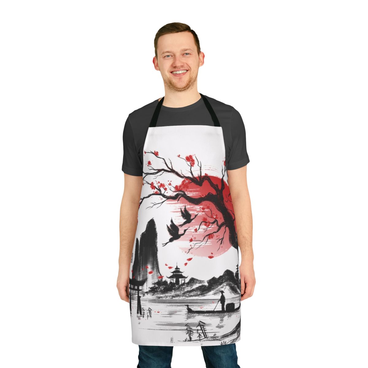 Japanese-inspired apron with a sketch-style landscape design featuring a sakura tree and rising sun