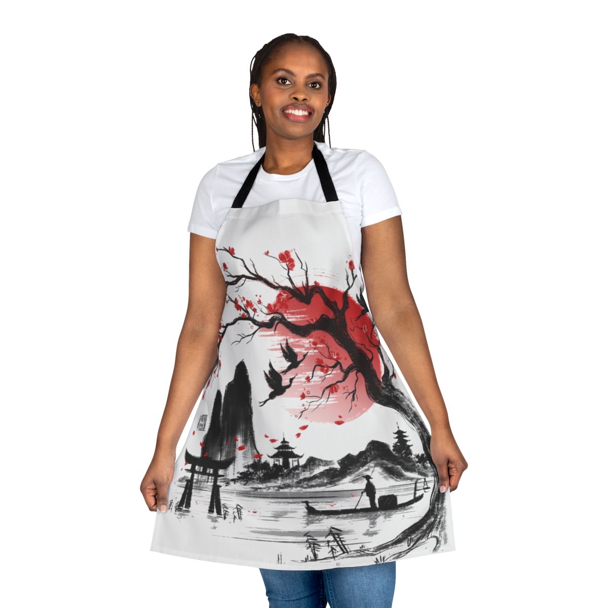 Japanese-inspired apron with a sketch-style landscape design featuring a sakura tree and rising sun