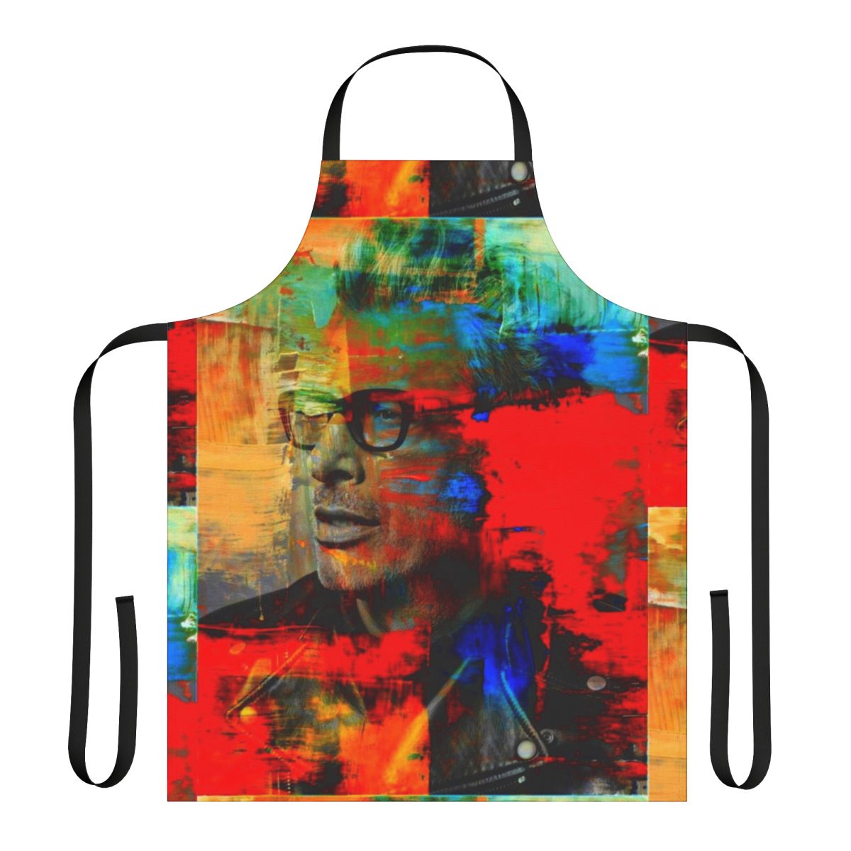 A high-quality cooking apron featuring a striking portrait of actor Jeff Goldblum.