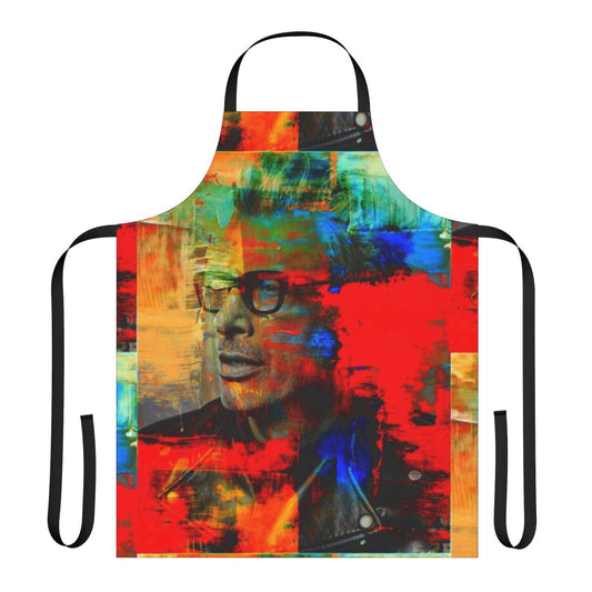 A high-quality cooking apron featuring a striking portrait of actor Jeff Goldblum.