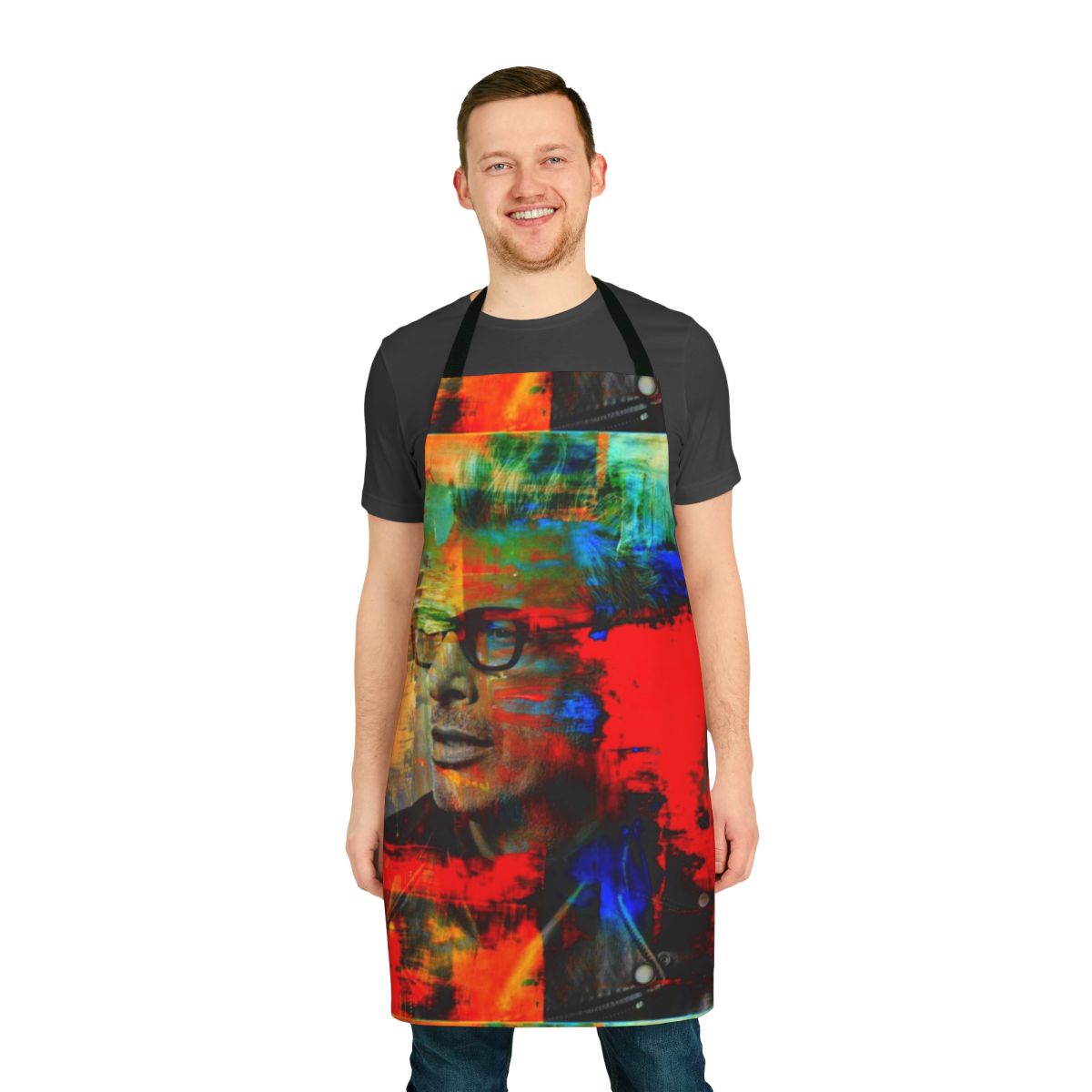 A high-quality cooking apron featuring a striking portrait of actor Jeff Goldblum.