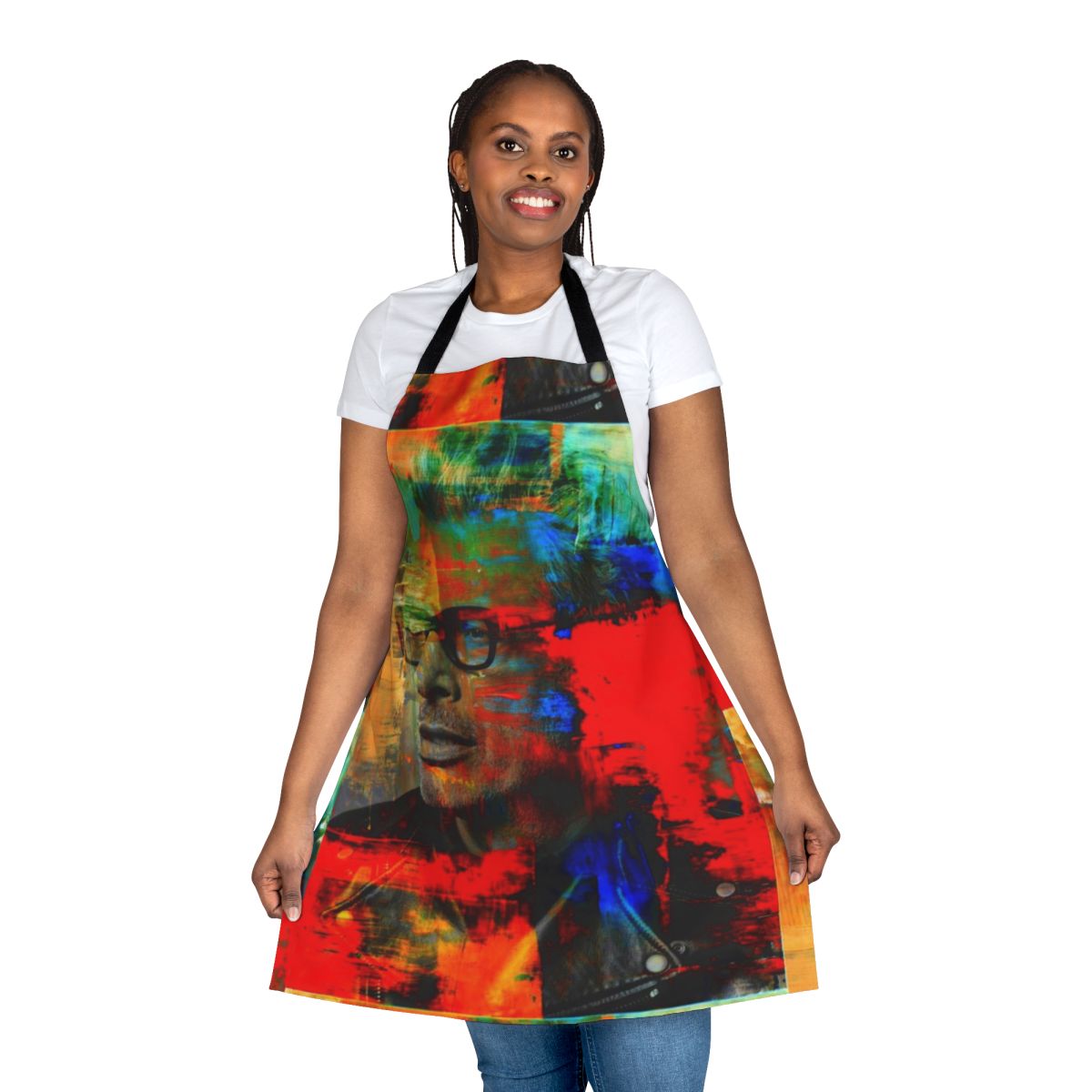 A high-quality cooking apron featuring a striking portrait of actor Jeff Goldblum.