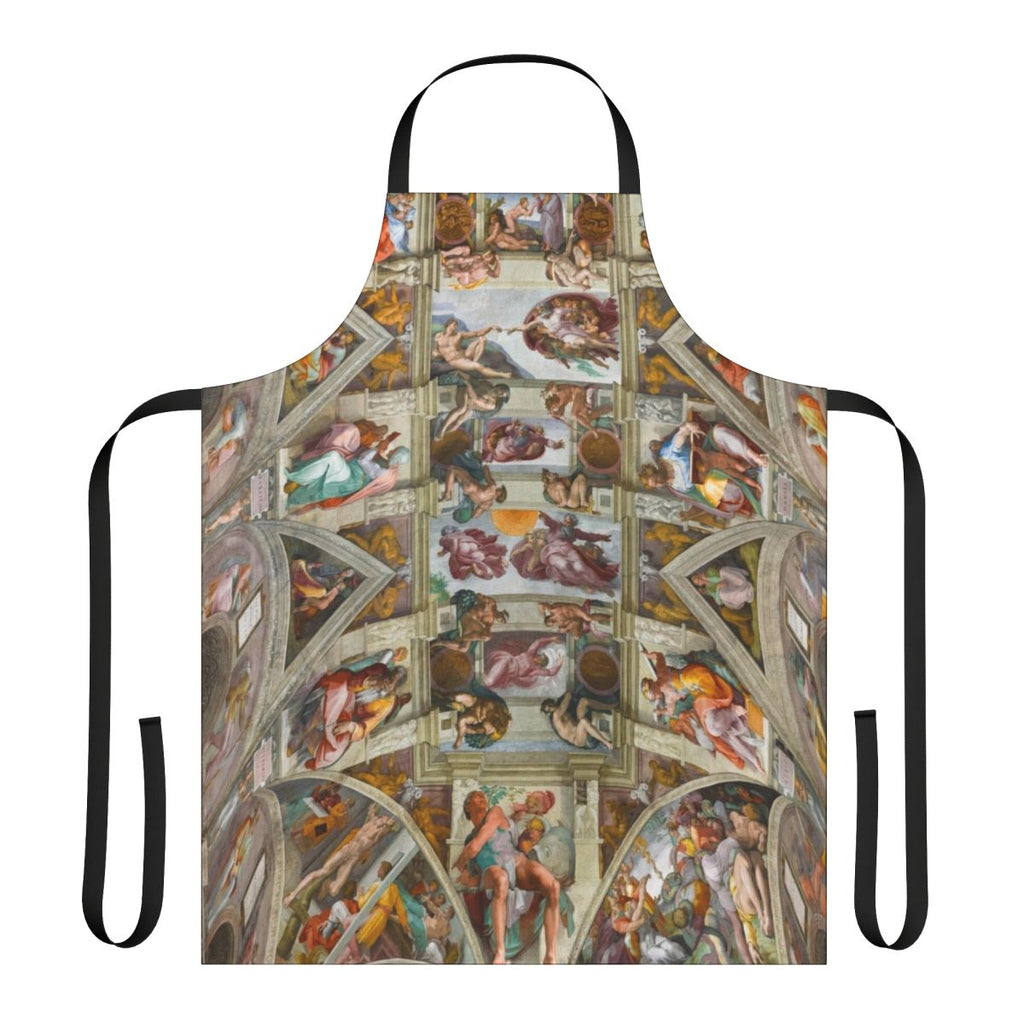 A high-quality apron featuring the iconic Sistine Chapel ceiling artwork by Michelangelo.