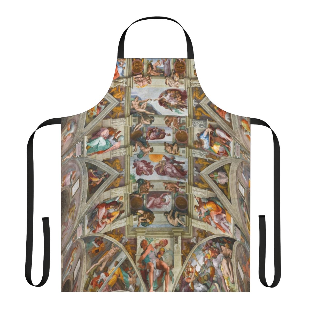 A high-quality apron featuring the iconic Sistine Chapel ceiling artwork by Michelangelo.