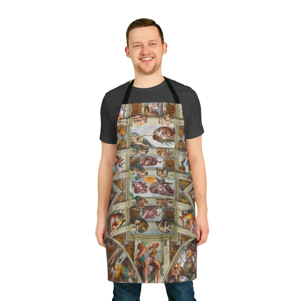 A high-quality apron featuring the iconic Sistine Chapel ceiling artwork by Michelangelo.