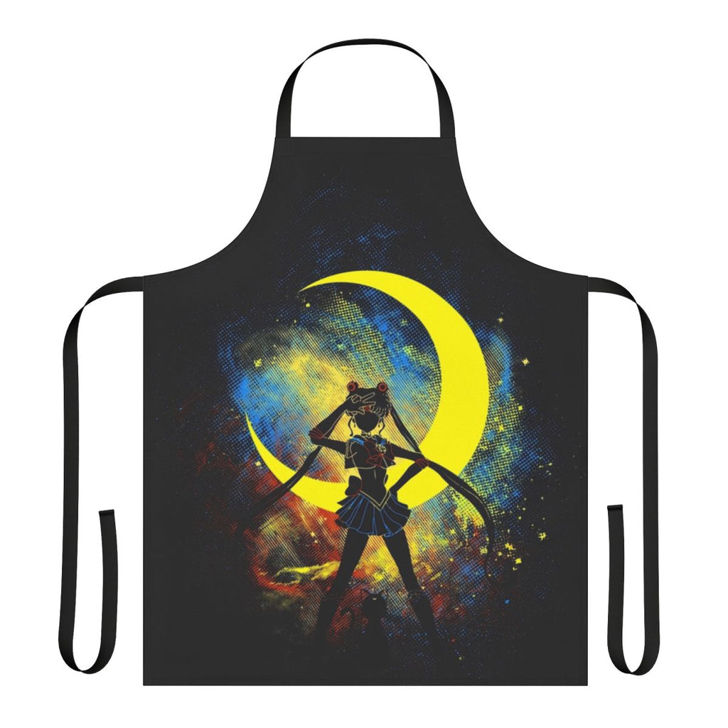 A white apron featuring a beautiful moon artwork design, perfect for anime and manga enthusiasts.