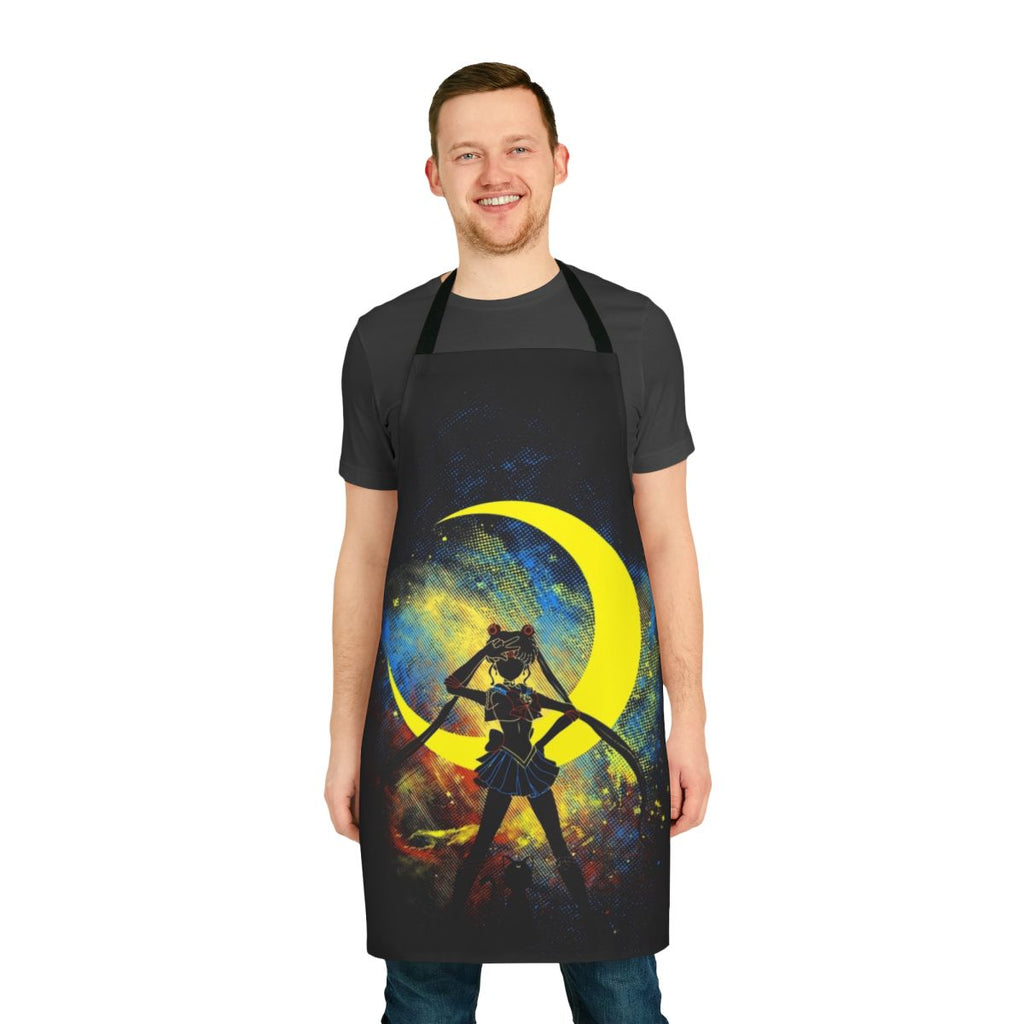 A white apron featuring a beautiful moon artwork design, perfect for anime and manga enthusiasts.