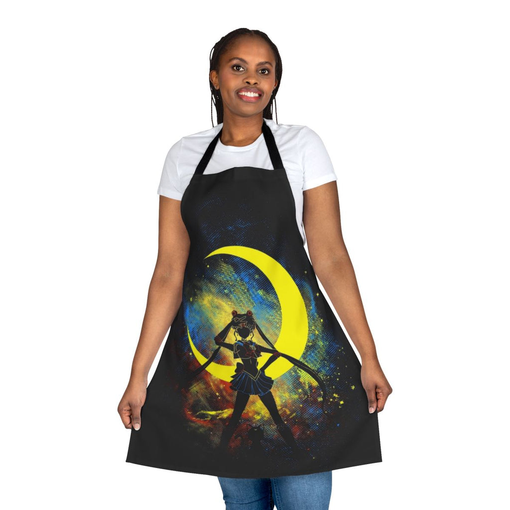 A white apron featuring a beautiful moon artwork design, perfect for anime and manga enthusiasts.
