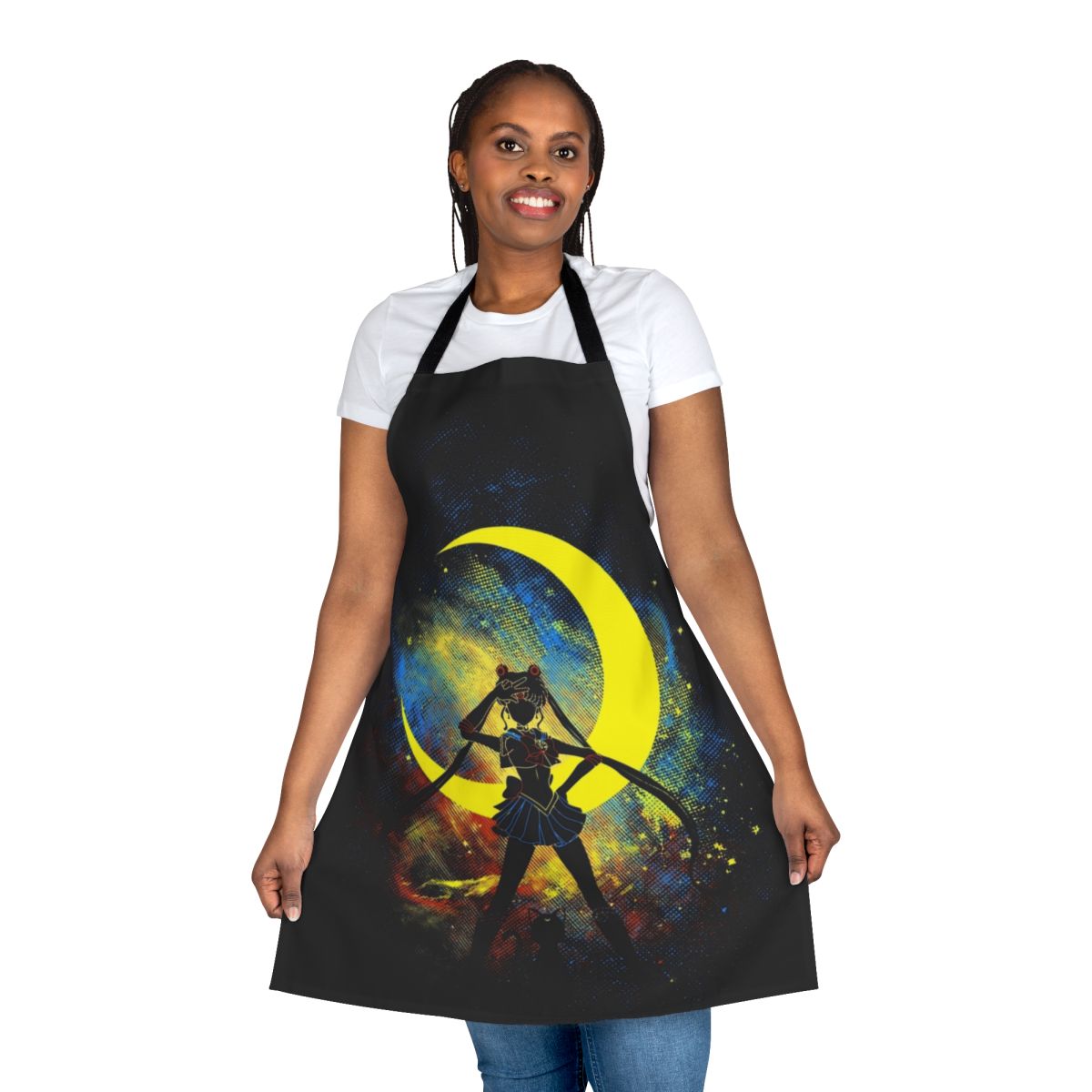 A white apron featuring a beautiful moon artwork design, perfect for anime and manga enthusiasts.
