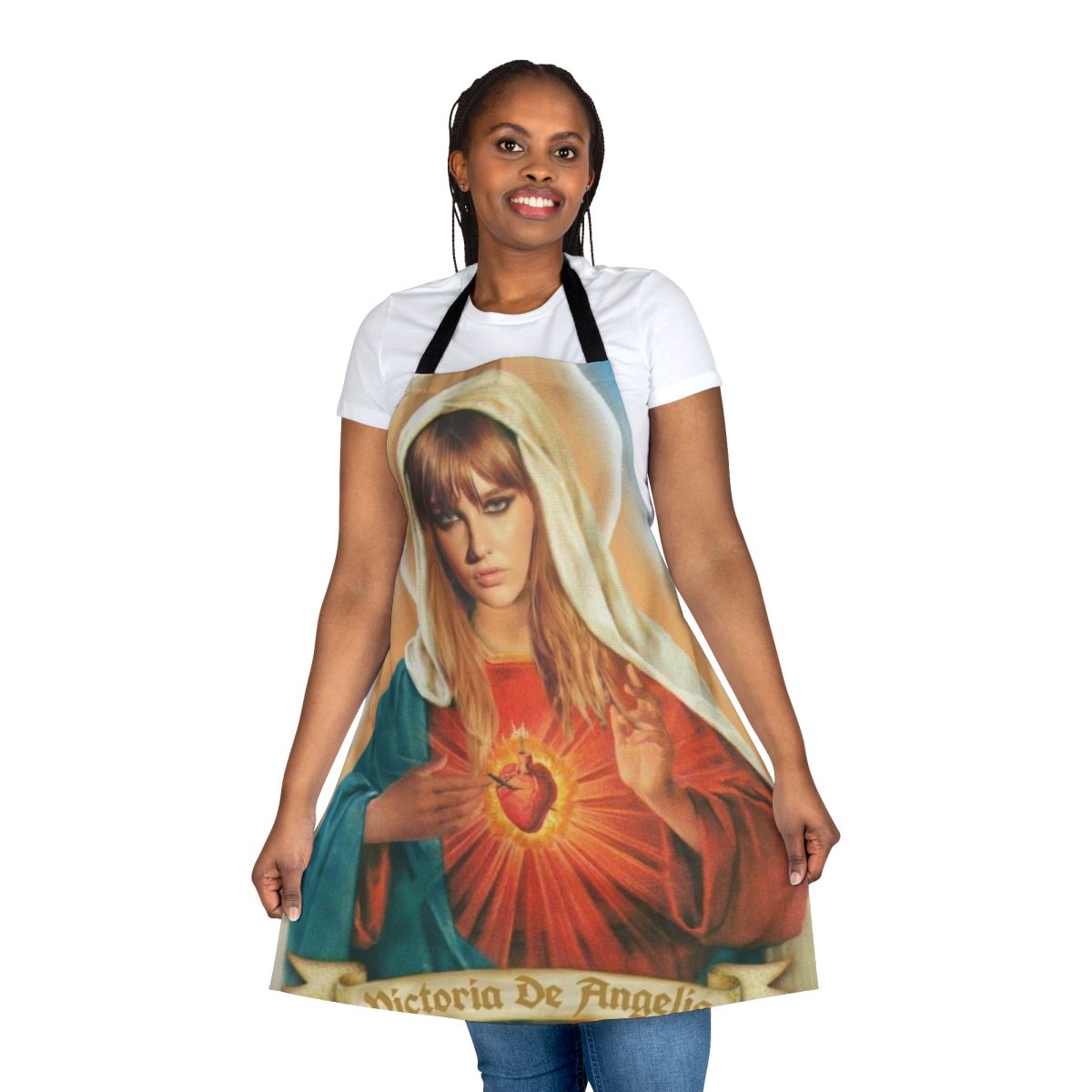 Artistic apron featuring a pop art style depiction of Victoria De Angelis as Mother Mary