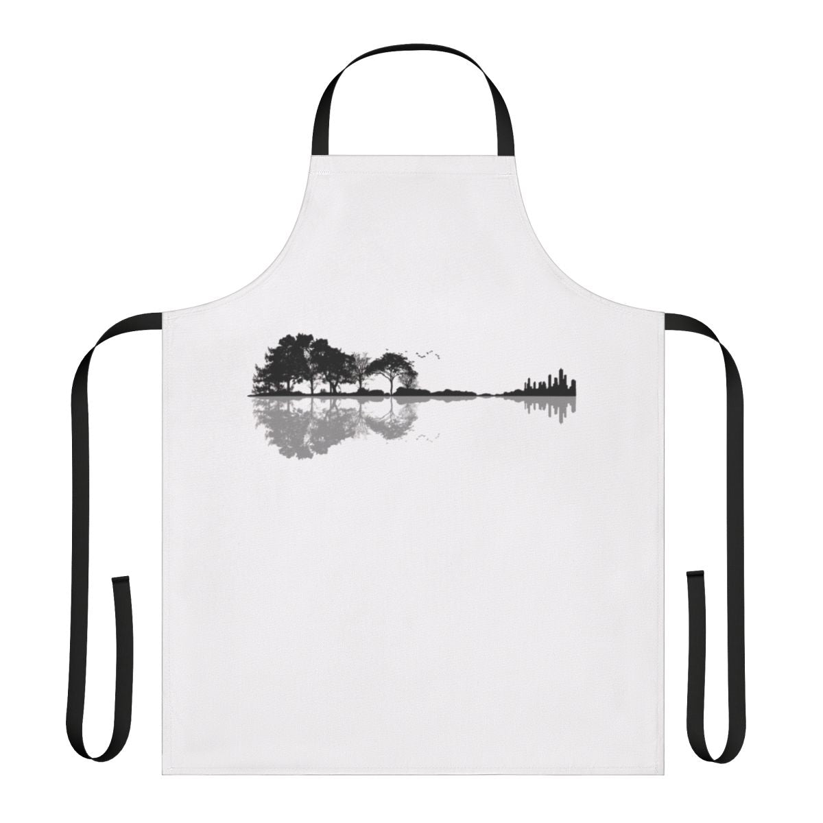Minimalist silhouette of a guitar against a nature landscape with a lake or ocean in the background