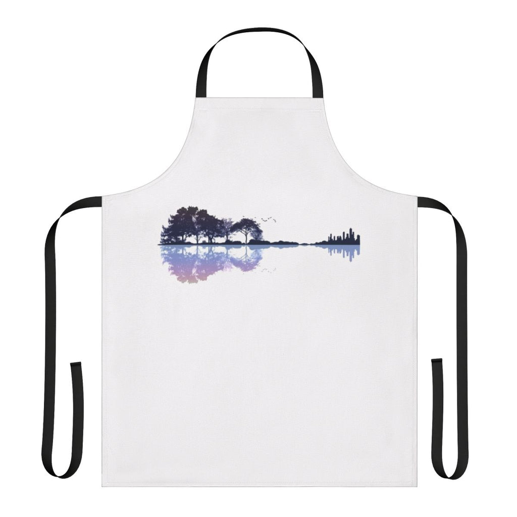 Artistic nature-inspired guitar apron with a minimalist design featuring trees, water, and musical elements.