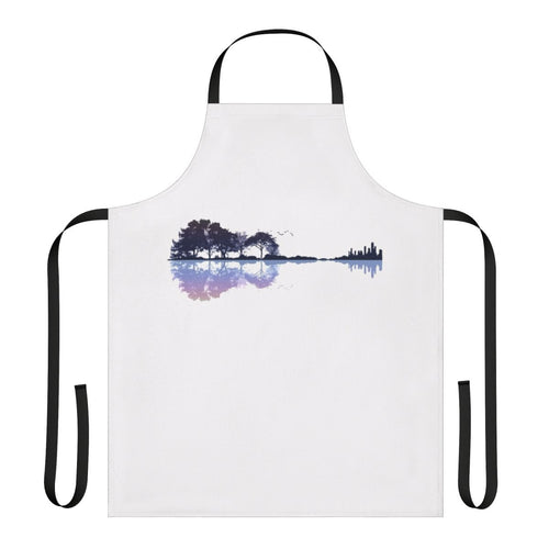 Artistic nature-inspired guitar apron with a minimalist design featuring trees, water, and musical elements.
