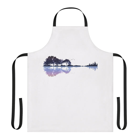 Artistic nature-inspired guitar apron with a minimalist design featuring trees, water, and musical elements.