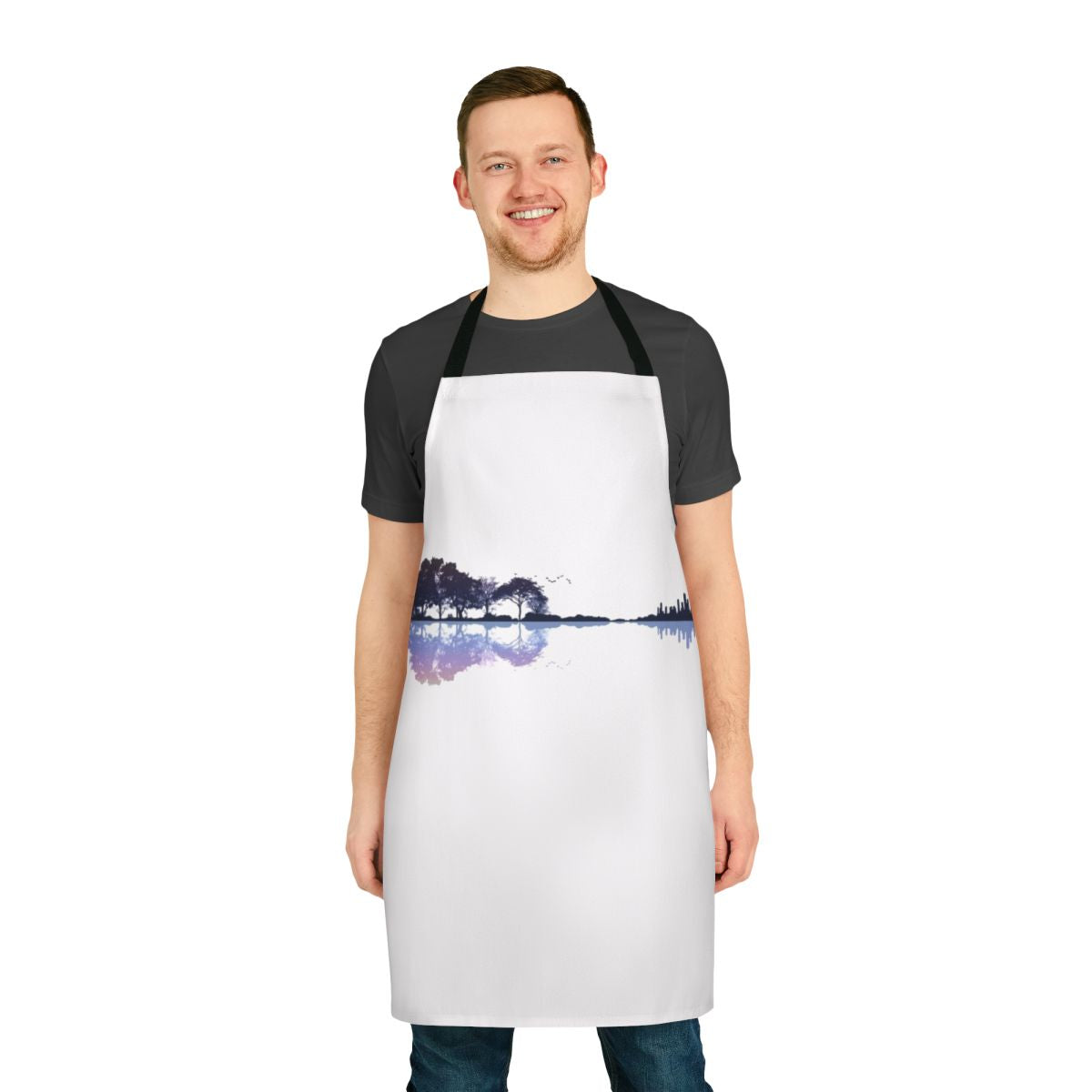 Artistic nature-inspired guitar apron with a minimalist design featuring trees, water, and musical elements.