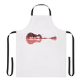 Stylized apron featuring a nature silhouette, guitar, and musical notes in a red and black color scheme