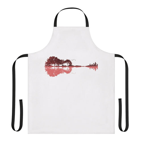 Stylized apron featuring a nature silhouette, guitar, and musical notes in a red and black color scheme