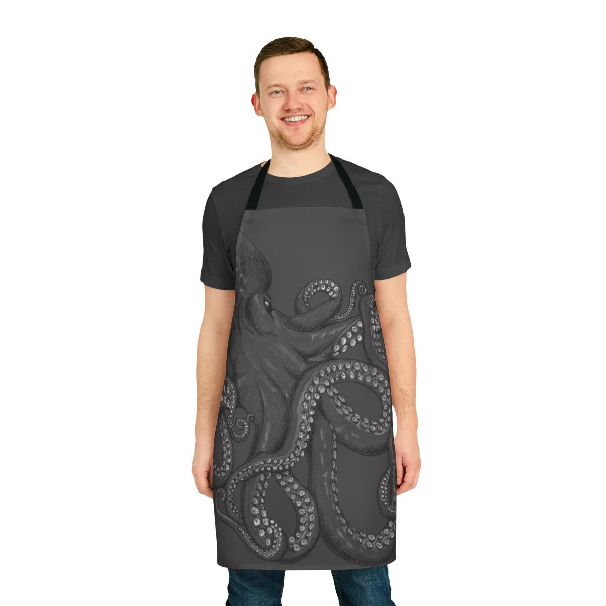 Realistic black and white octopus design on a two-tone apron