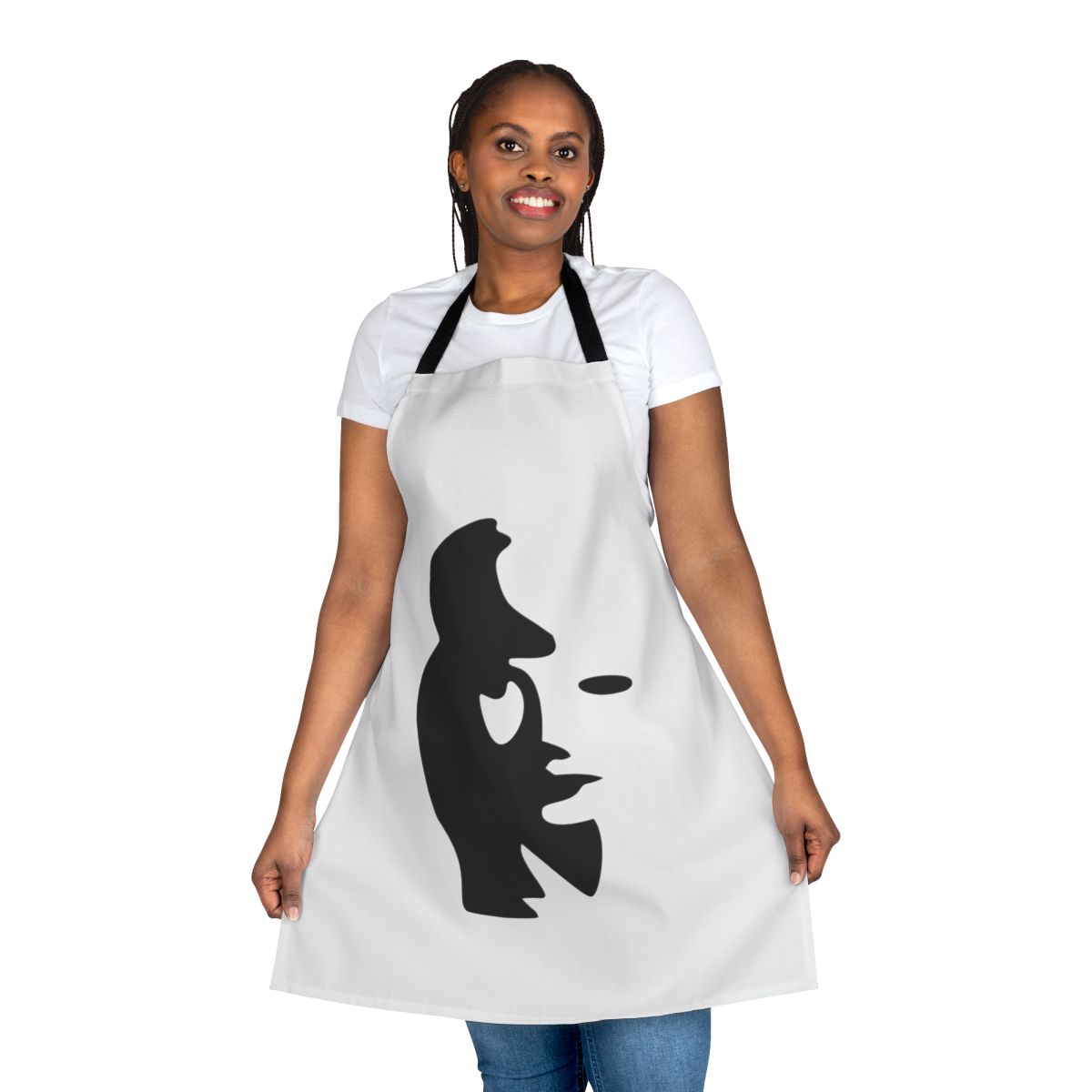 Optical illusion apron featuring a saxophone player design