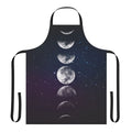 A watercolor-style apron featuring the phases of the moon in shades of blue, green, and purple.