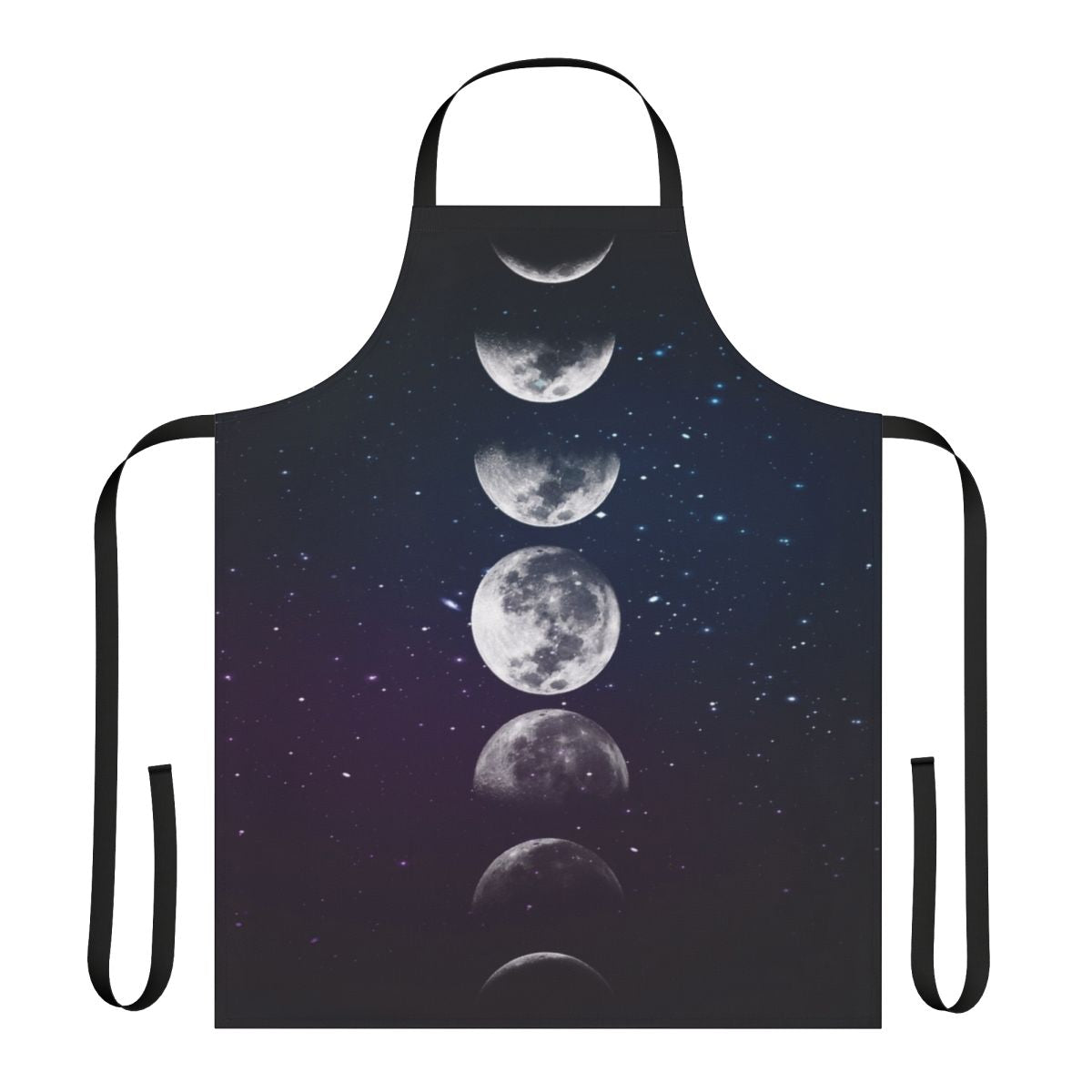 A watercolor-style apron featuring the phases of the moon in shades of blue, green, and purple.
