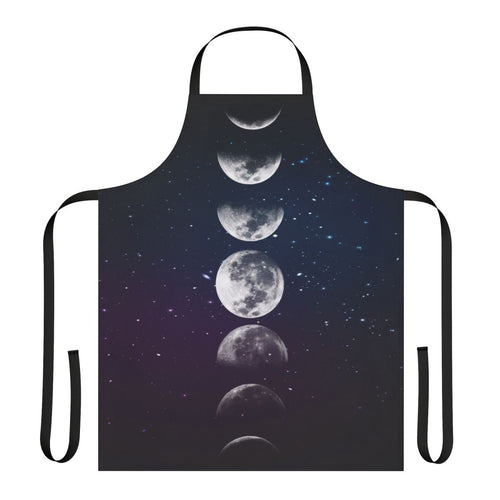 A watercolor-style apron featuring the phases of the moon in shades of blue, green, and purple.