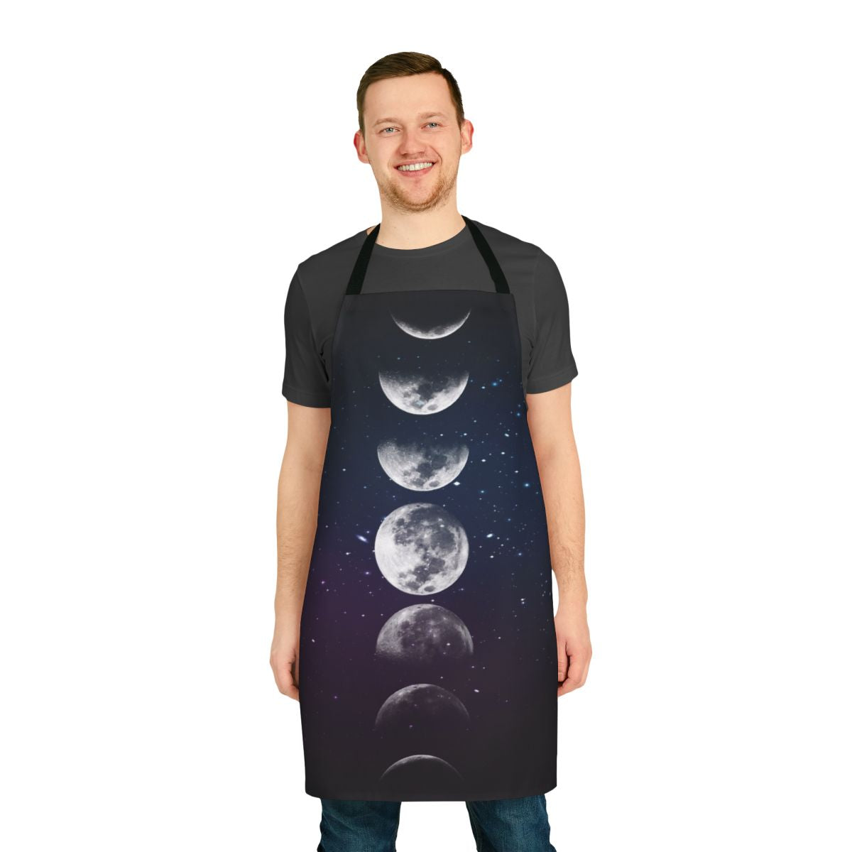 A watercolor-style apron featuring the phases of the moon in shades of blue, green, and purple.