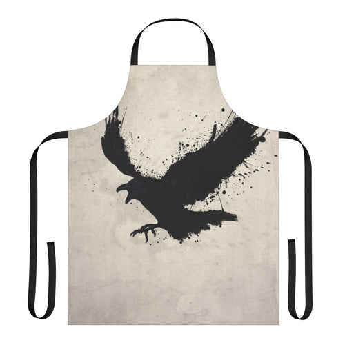 Raven apron with sketchy bird design, featuring splatters and drips