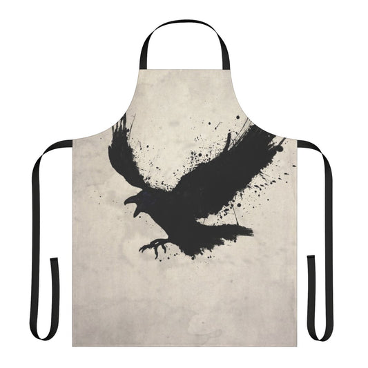 Raven apron with sketchy bird design, featuring splatters and drips