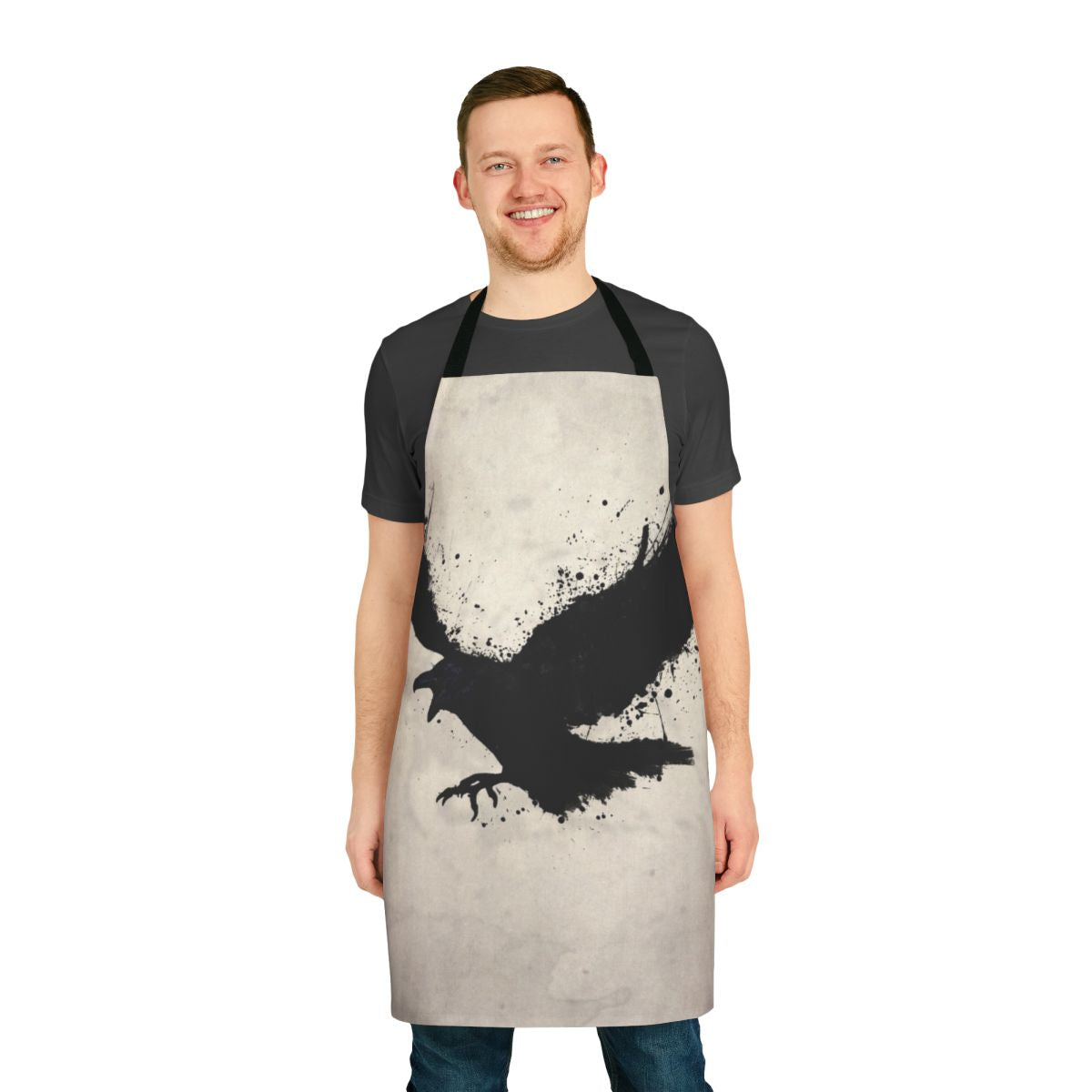 Raven apron with sketchy bird design, featuring splatters and drips