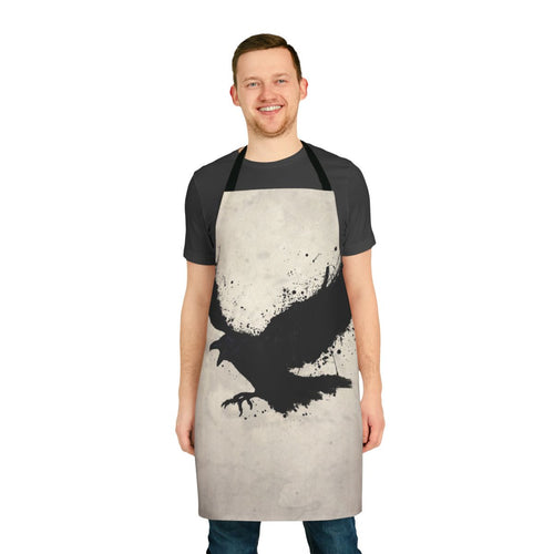 Raven apron with sketchy bird design, featuring splatters and drips