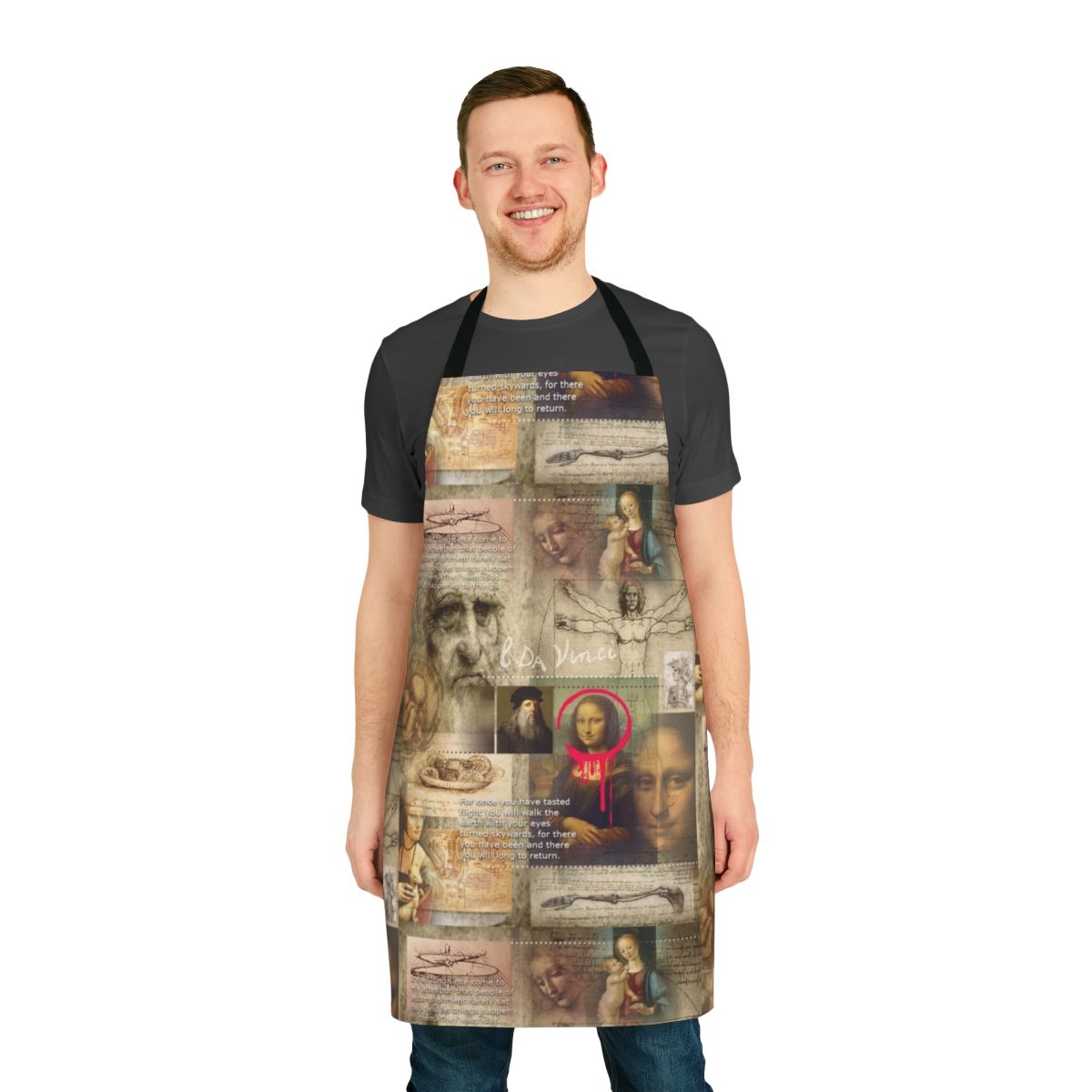 Apron featuring a design inspired by the iconic paintings of Leonardo da Vinci, the renowned Renaissance artist.
