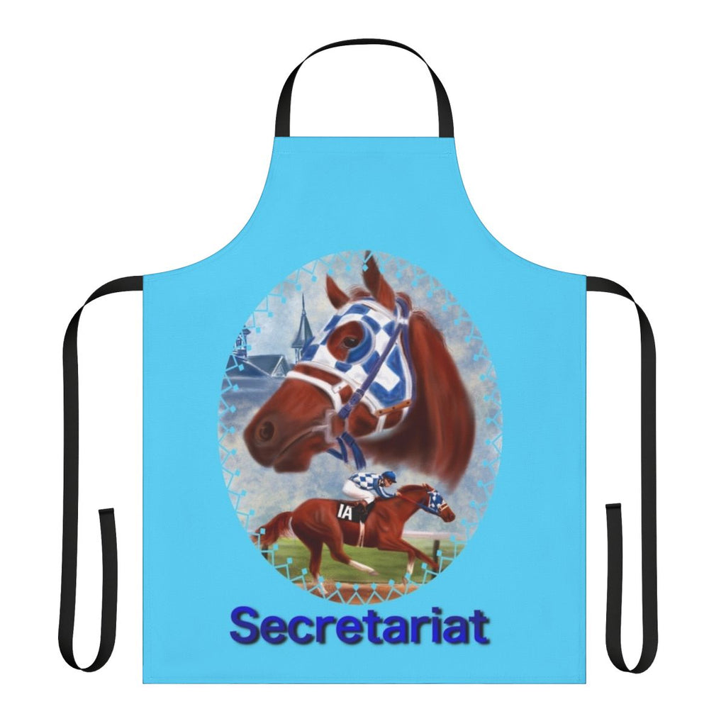 Artistic portrait illustration of the legendary racehorse Secretariat printed on an apron