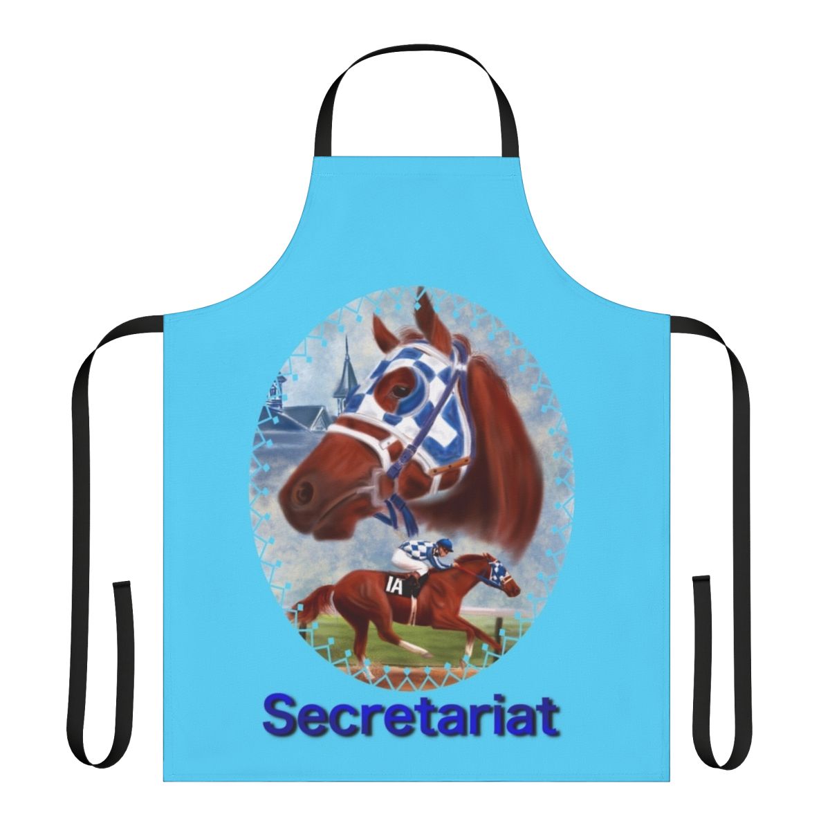 Artistic portrait illustration of the legendary racehorse Secretariat printed on an apron
