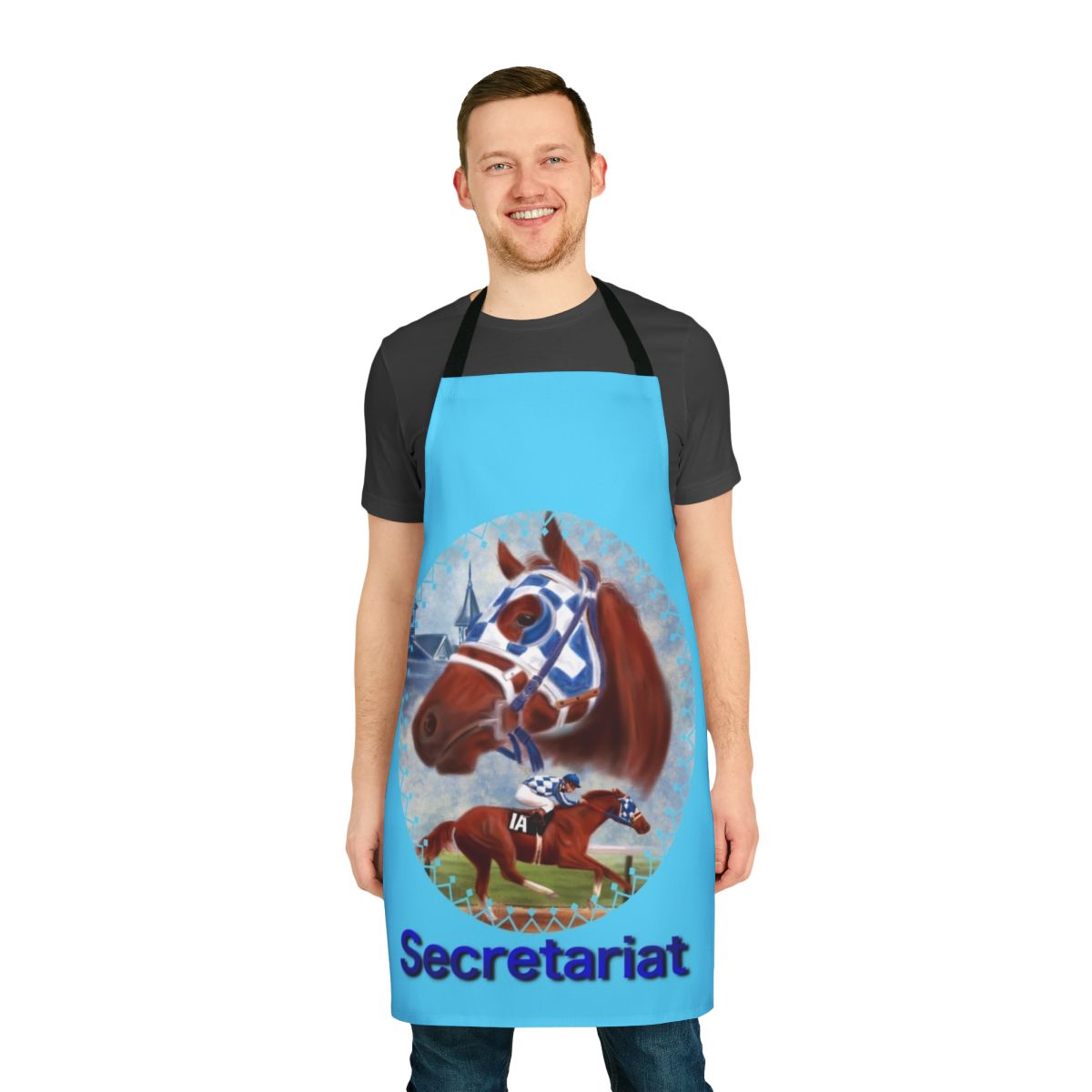 Artistic portrait illustration of the legendary racehorse Secretariat printed on an apron