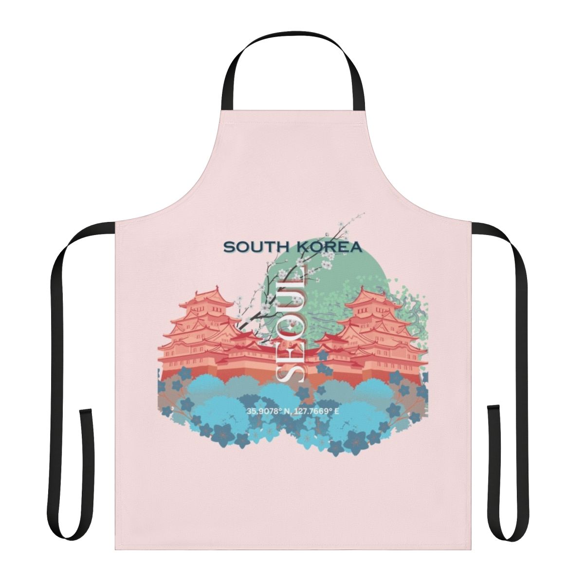 Artistic apron design featuring a vintage Seoul, South Korea cityscape landscape