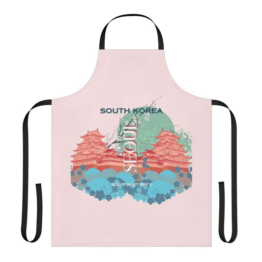 Artistic apron design featuring a vintage Seoul, South Korea cityscape landscape