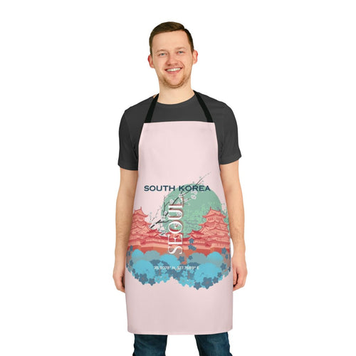 Artistic apron design featuring a vintage Seoul, South Korea cityscape landscape