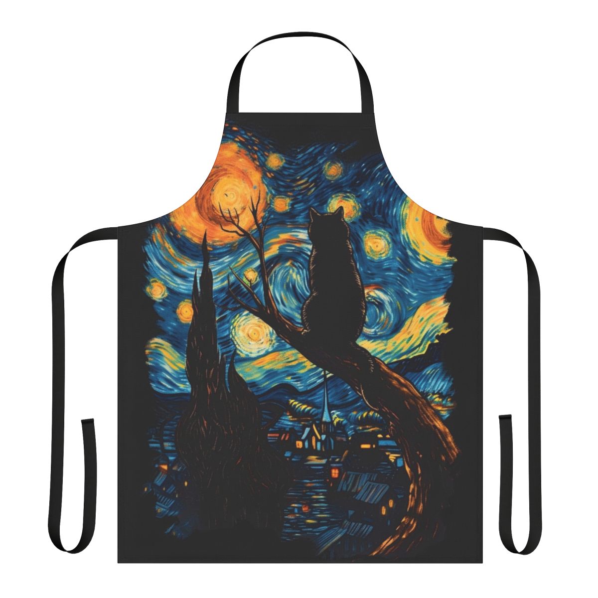 Starry night themed apron featuring a black cat, inspired by the famous painting by Vincent van Gogh.