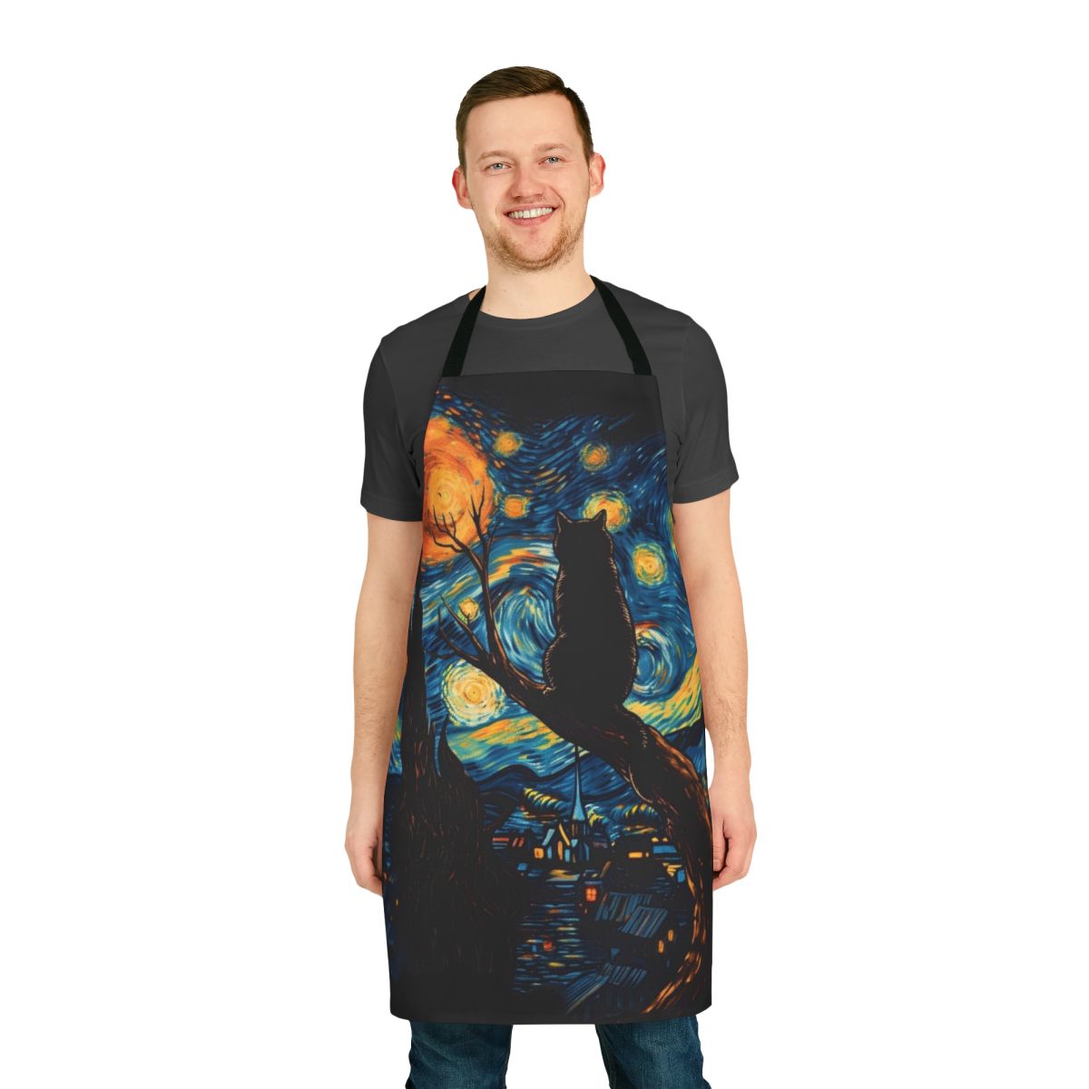 Starry night themed apron featuring a black cat, inspired by the famous painting by Vincent van Gogh.